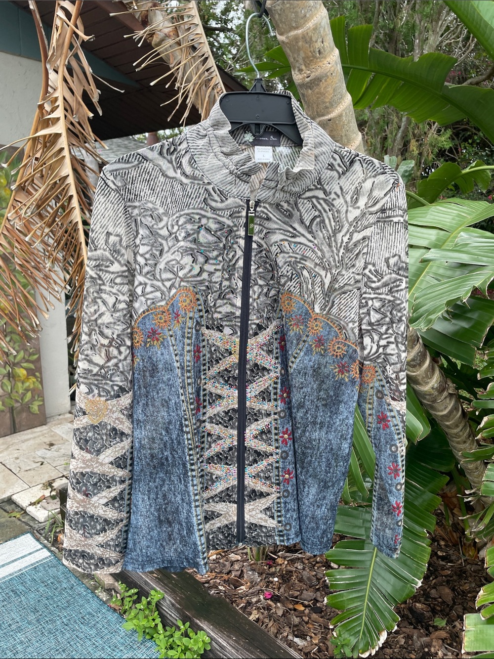 sheer denim lock, zip up funnel neck jacket or top